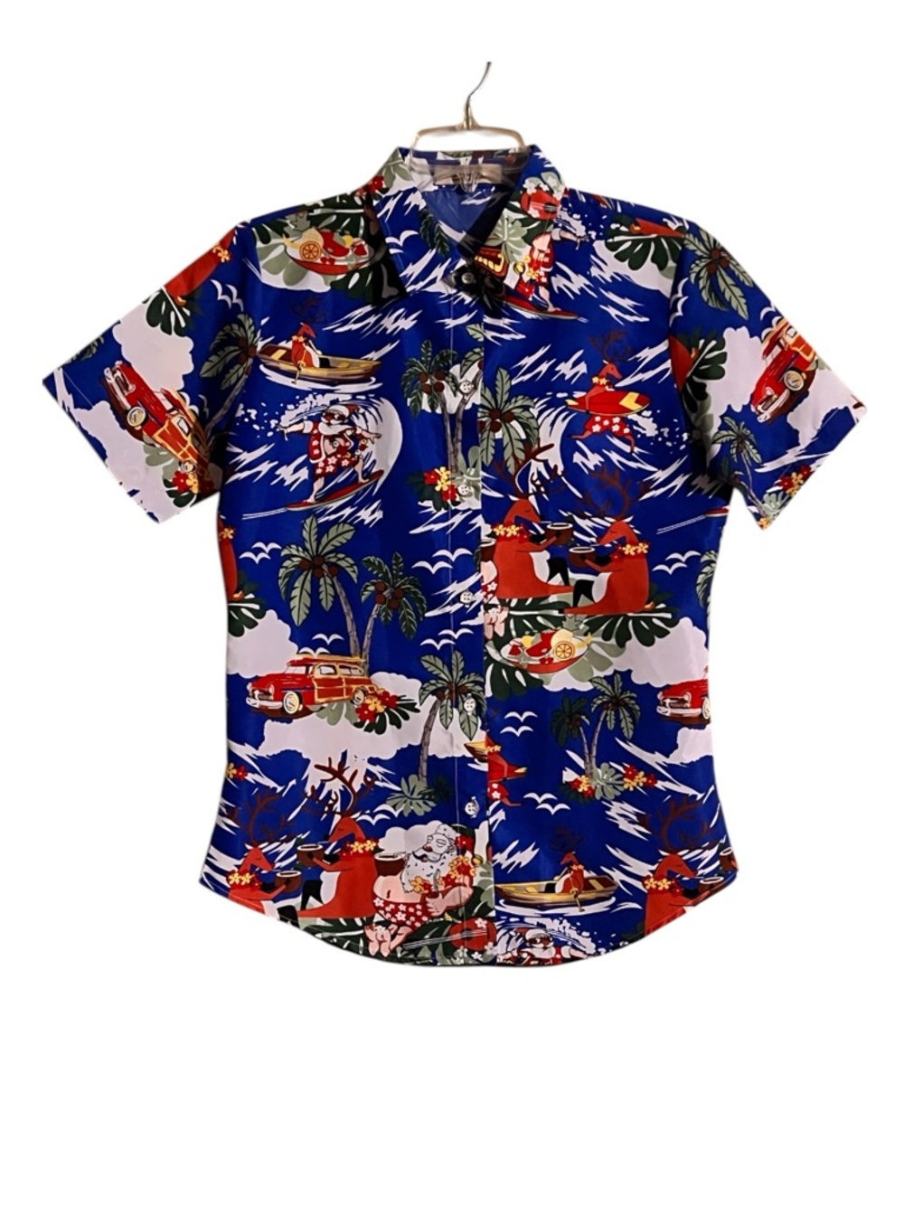 SSLR Women's Collection Hawaiian Shirt Small Cruise Santa Reindeer Blue